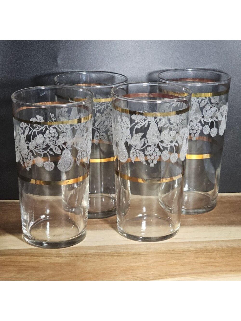 4 Bartlett Collins Golden Fruit Highball  Glasses 1947 Vintage gold bands 5.25"